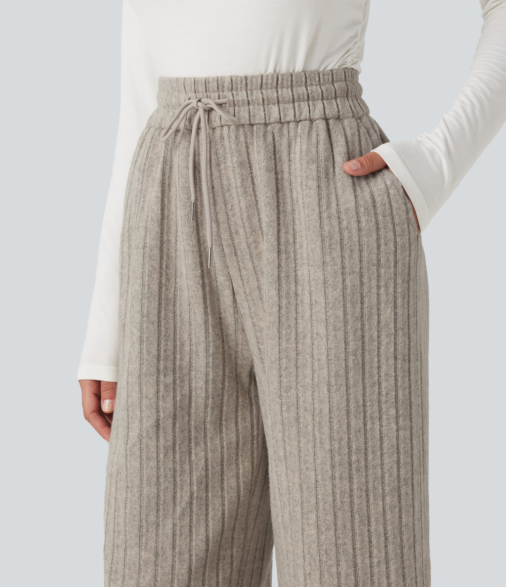 High Waisted Drawstring Baggy Casual Trousers with Pockets — Mottled Wood Brown — view 4