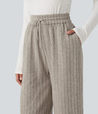 High Waisted Drawstring Baggy Casual Trousers with Pockets — Mottled Wood Brown — view 4