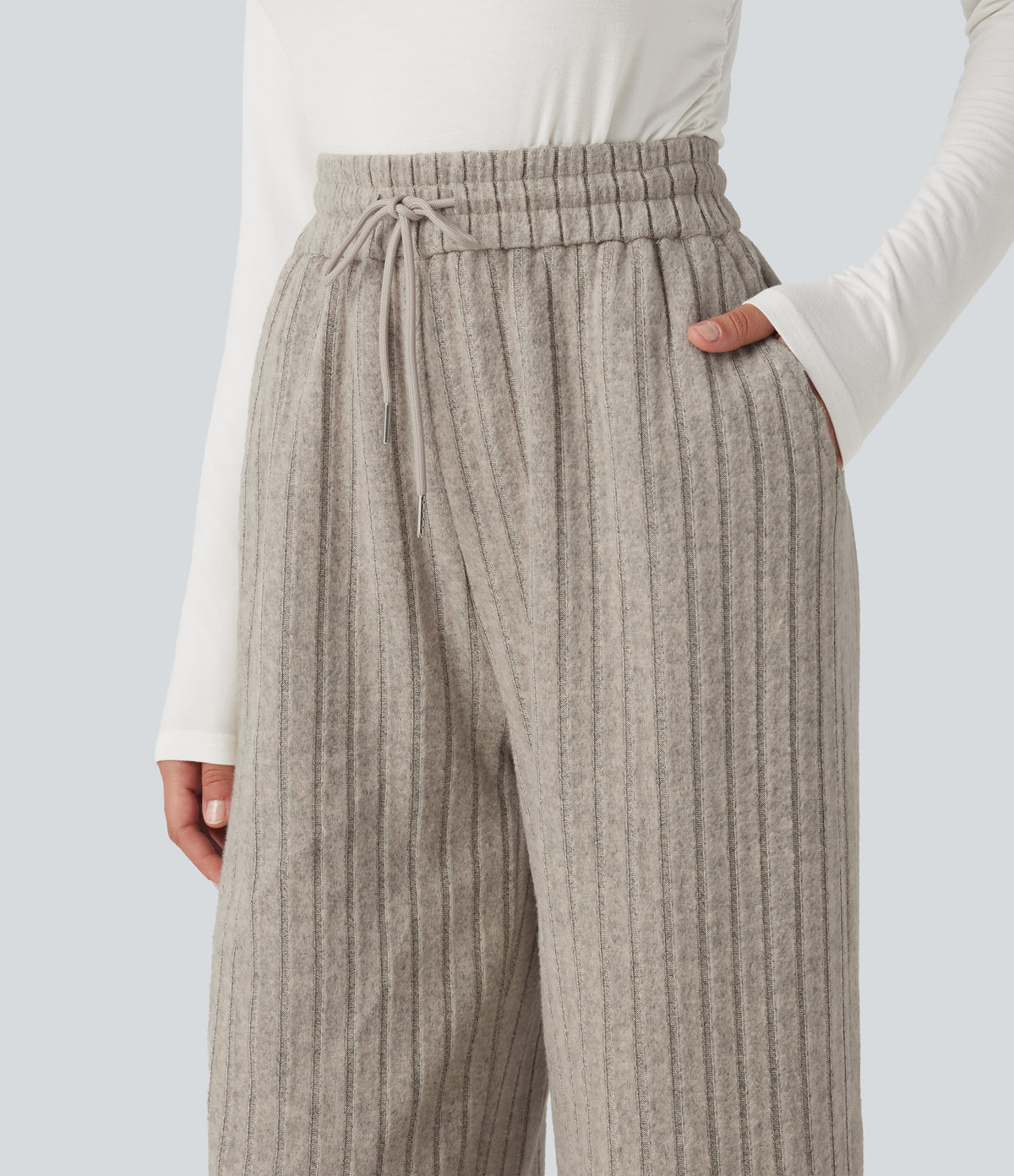 High Waisted Drawstring Baggy Casual Trousers with Pockets — Mottled Wood Brown — view 4