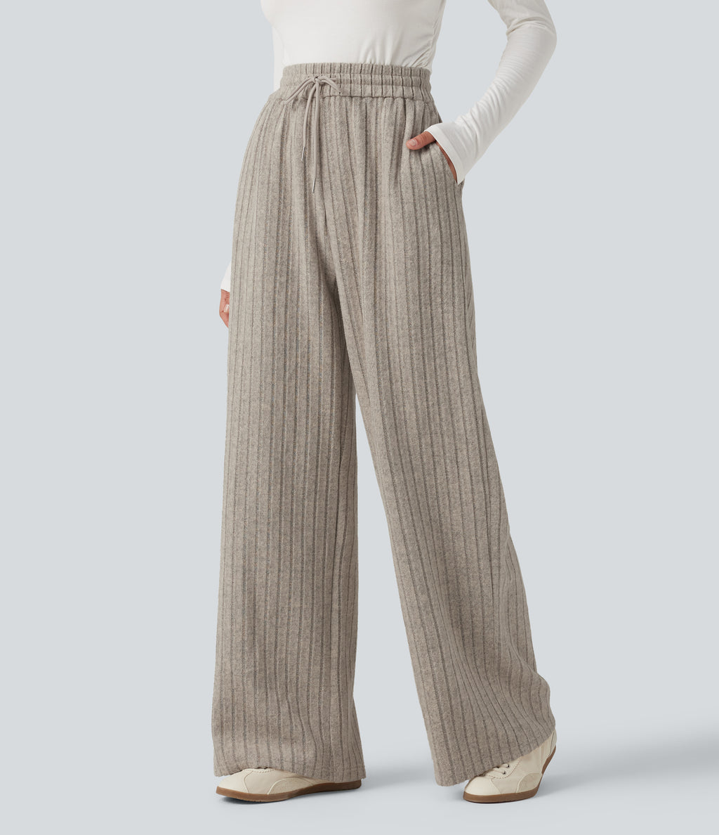 High Waisted Drawstring Baggy Casual Trousers with Pockets — Mottled Wood Brown — view 3