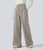 High Waisted Drawstring Baggy Casual Trousers with Pockets — Mottled Wood Brown — view 3