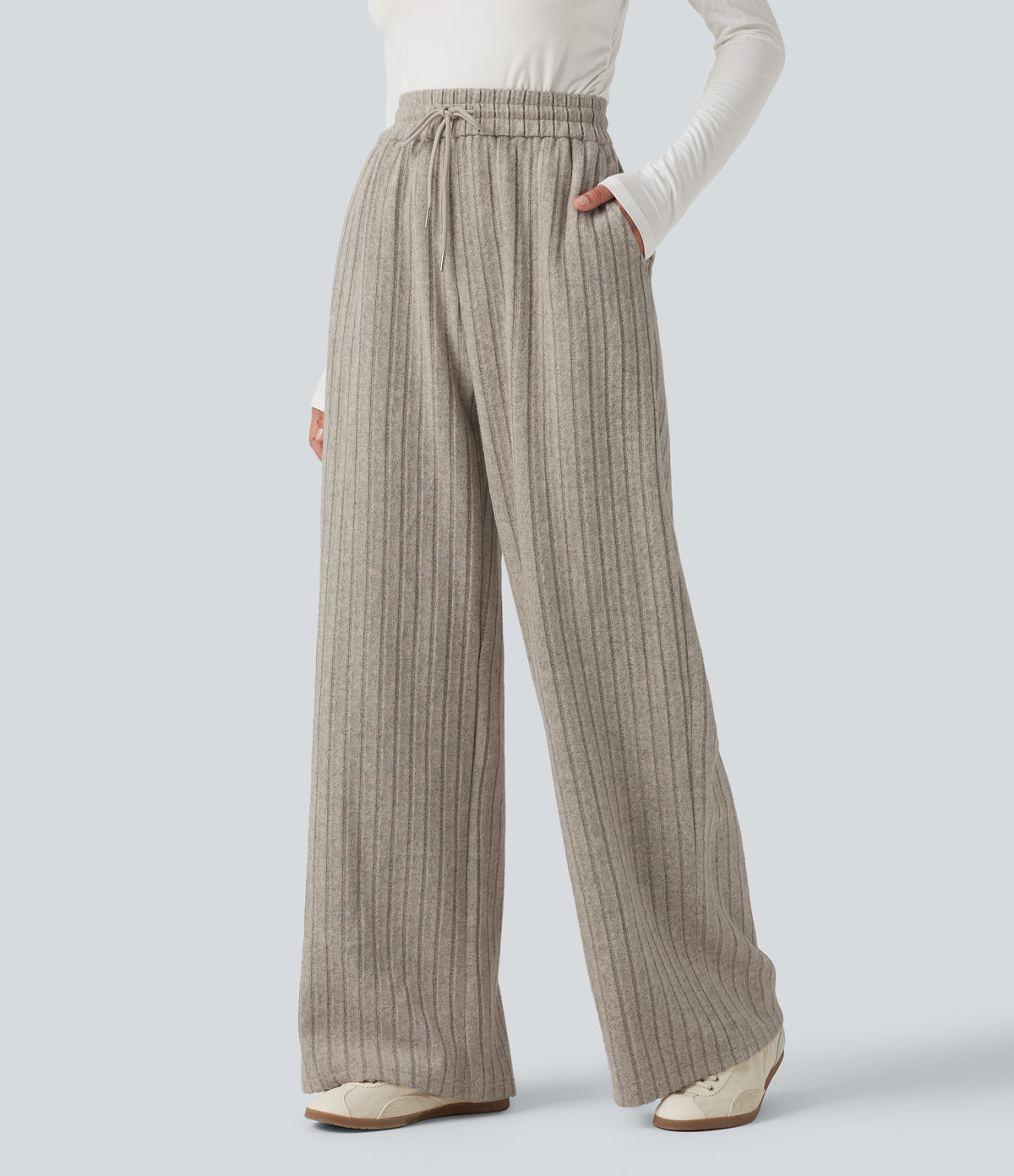 High Waisted Drawstring Baggy Casual Trousers with Pockets — Mottled Wood Brown — view 3