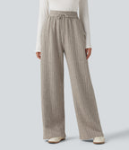 High Waisted Drawstring Baggy Casual Trousers with Pockets — Mottled Wood Brown — view 1