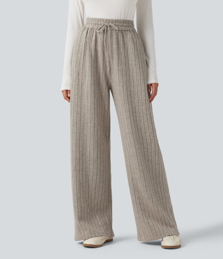 High Waisted Drawstring Baggy Casual Trousers with Pockets — Mottled Wood Brown — view 1