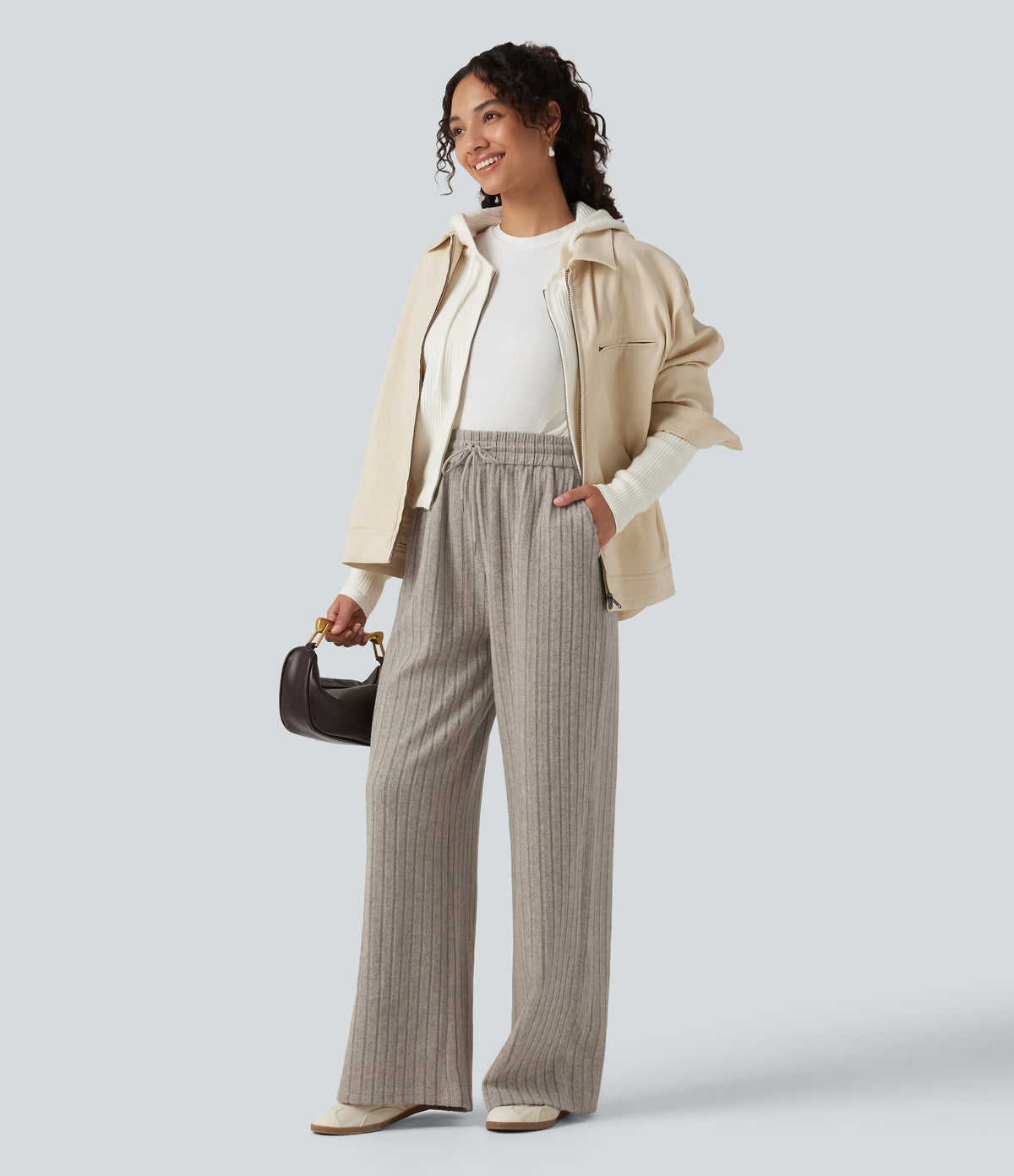 High Waisted Drawstring Baggy Casual Trousers with Pockets — Mottled Wood Brown — view 6