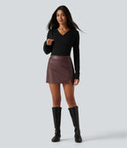 High Waisted 2-in-1 Mini Fleece Casual PU Leather Skirt — Red Mahogany — view 8