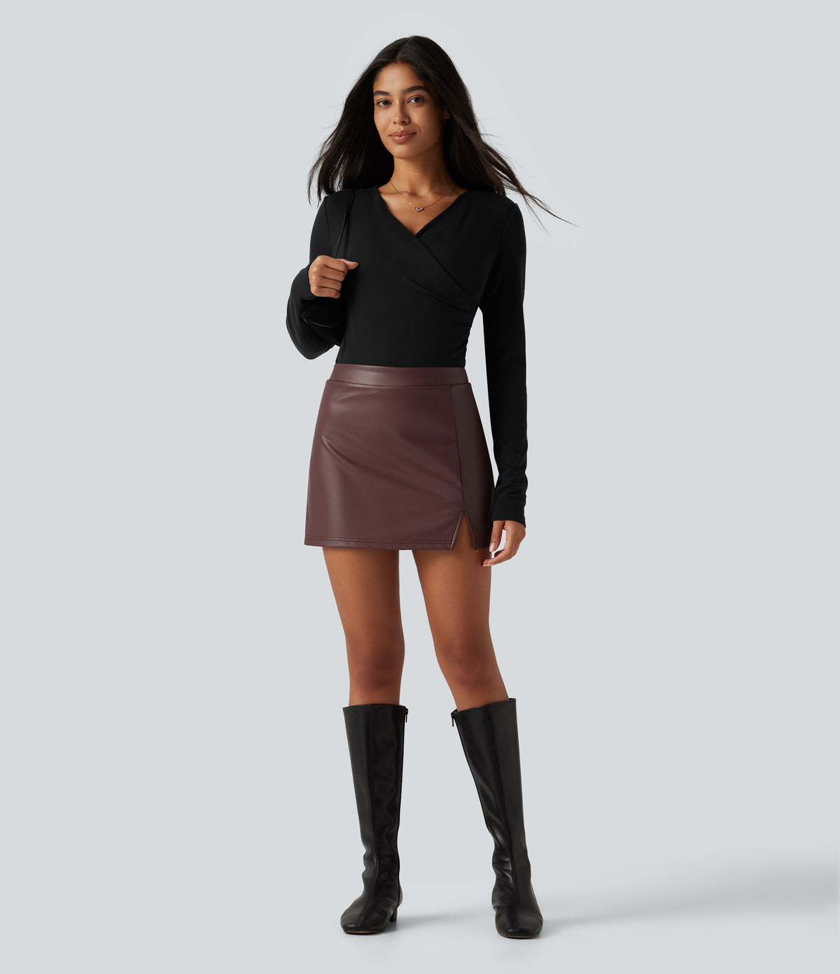 High Waisted 2-in-1 Mini Fleece Casual PU Leather Skirt — Red Mahogany — view 8