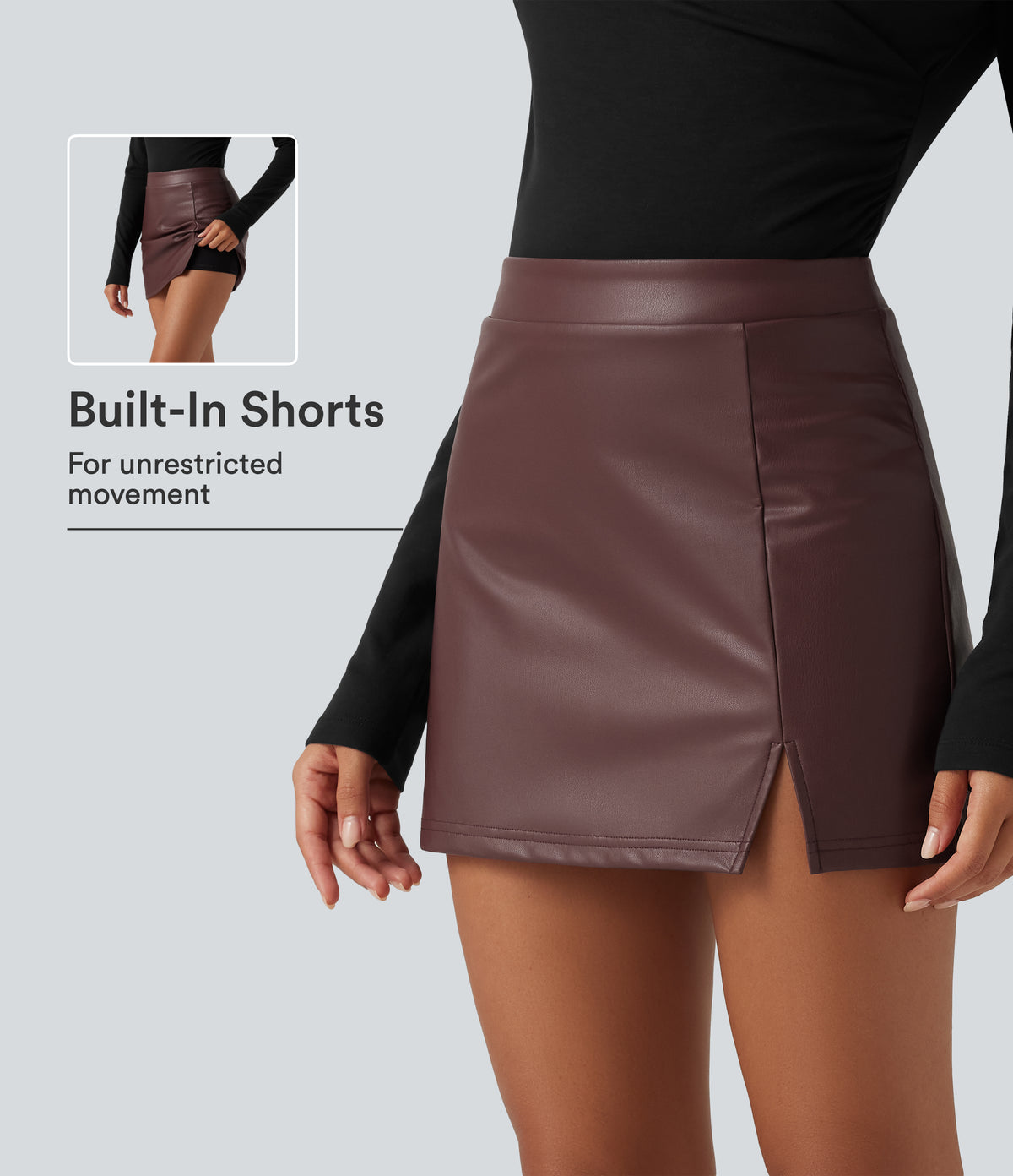 High Waisted 2-in-1 Mini Fleece Casual PU Leather Skirt — Red Mahogany — view 1