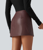 High Waisted 2-in-1 Mini Fleece Casual PU Leather Skirt — Red Mahogany — view 2