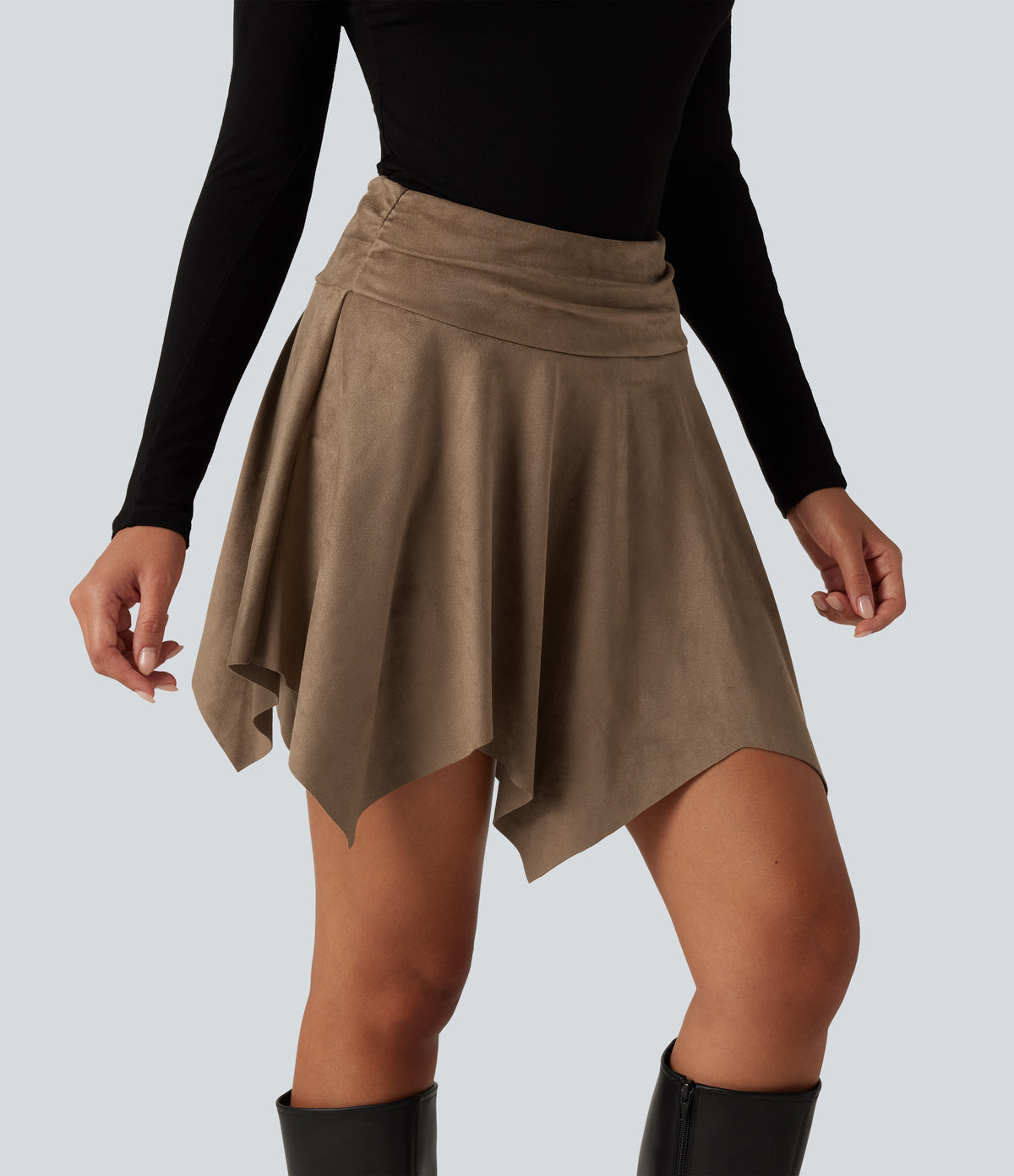 High Waisted Ruched Asymmetric A Line 2-in-1 Suede Mini Casual Skirt — Coca Mocha — view 4