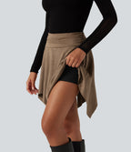 High Waisted Ruched Asymmetric A Line 2-in-1 Suede Mini Casual Skirt — Coca Mocha — view 3
