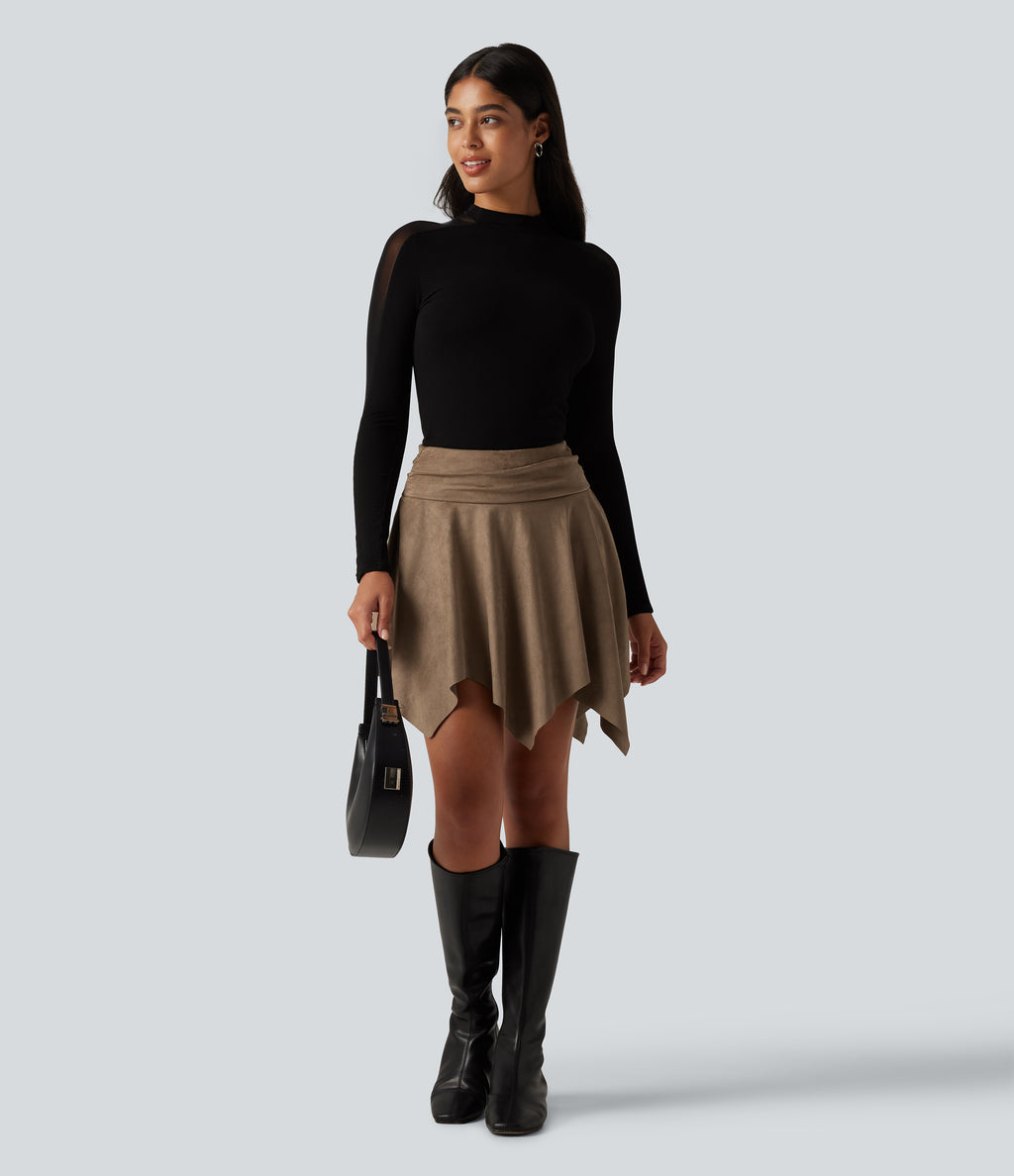 High Waisted Ruched Asymmetric A Line 2-in-1 Suede Mini Casual Skirt — Coca Mocha — view 6
