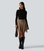 High Waisted Ruched Asymmetric A Line 2-in-1 Suede Mini Casual Skirt — Coca Mocha — view 6