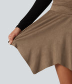 High Waisted Ruched Asymmetric A Line 2-in-1 Suede Mini Casual Skirt — Coca Mocha — view 5