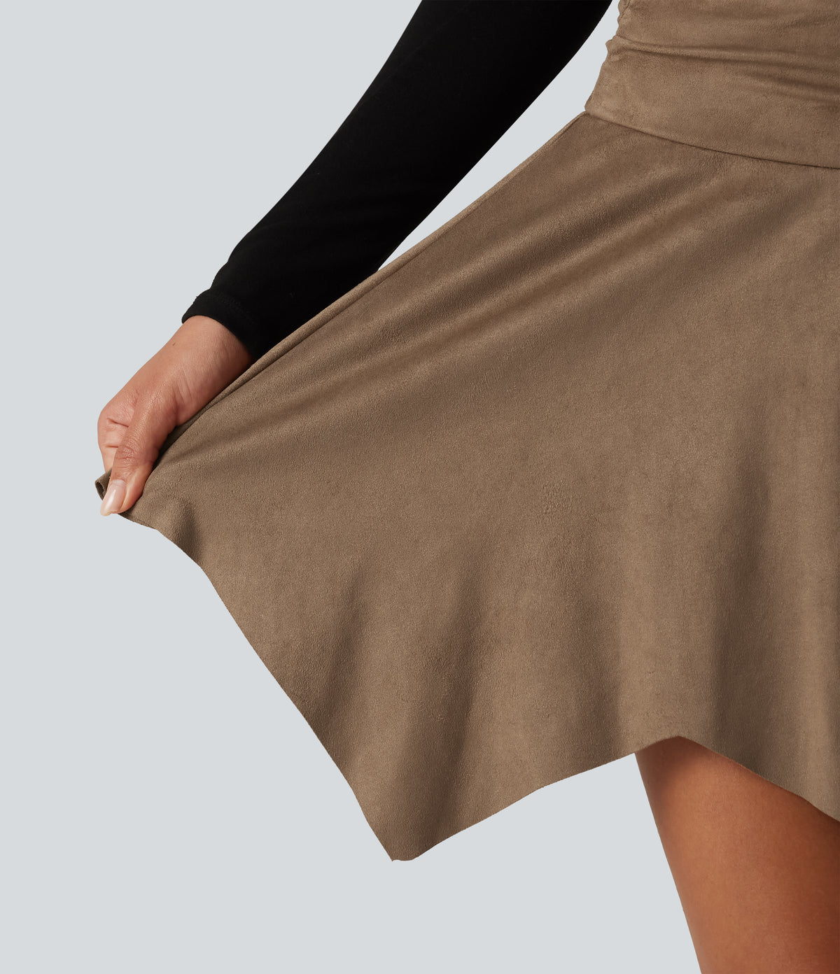 High Waisted Ruched Asymmetric A Line 2-in-1 Suede Mini Casual Skirt — Coca Mocha — view 5