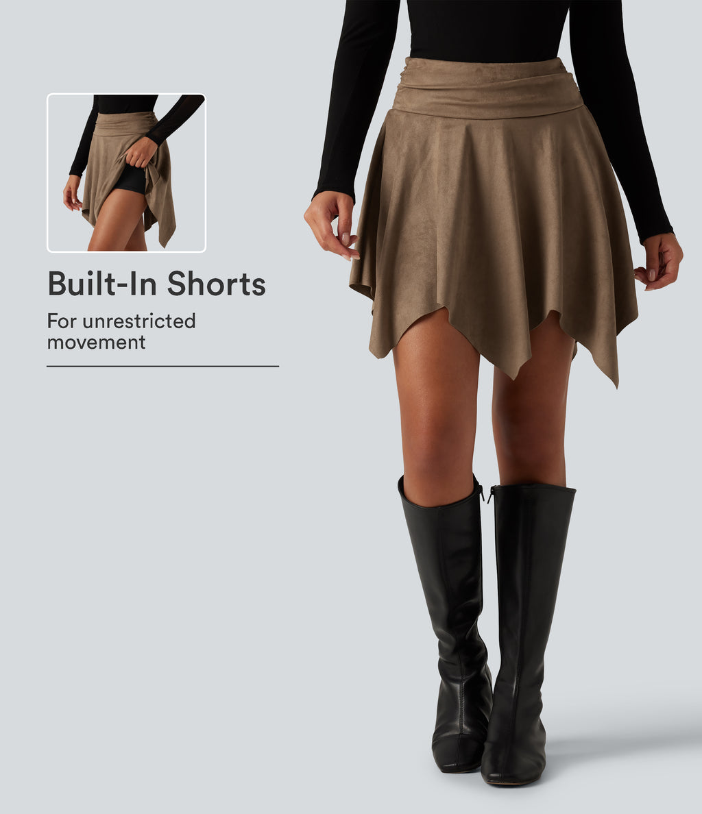 High Waisted Ruched Asymmetric A Line 2-in-1 Suede Mini Casual Skirt — Coca Mocha — view 1
