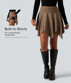 High Waisted Ruched Asymmetric A Line 2-in-1 Suede Mini Casual Skirt — Coca Mocha — view 1