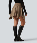 High Waisted Ruched Asymmetric A Line 2-in-1 Suede Mini Casual Skirt — Coca Mocha — view 2