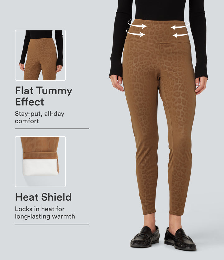 High Waisted Tummy Control Stretchy PU Leopard Print Fleece Casual Leggings with Pockets — Bronzed Tan — view 1