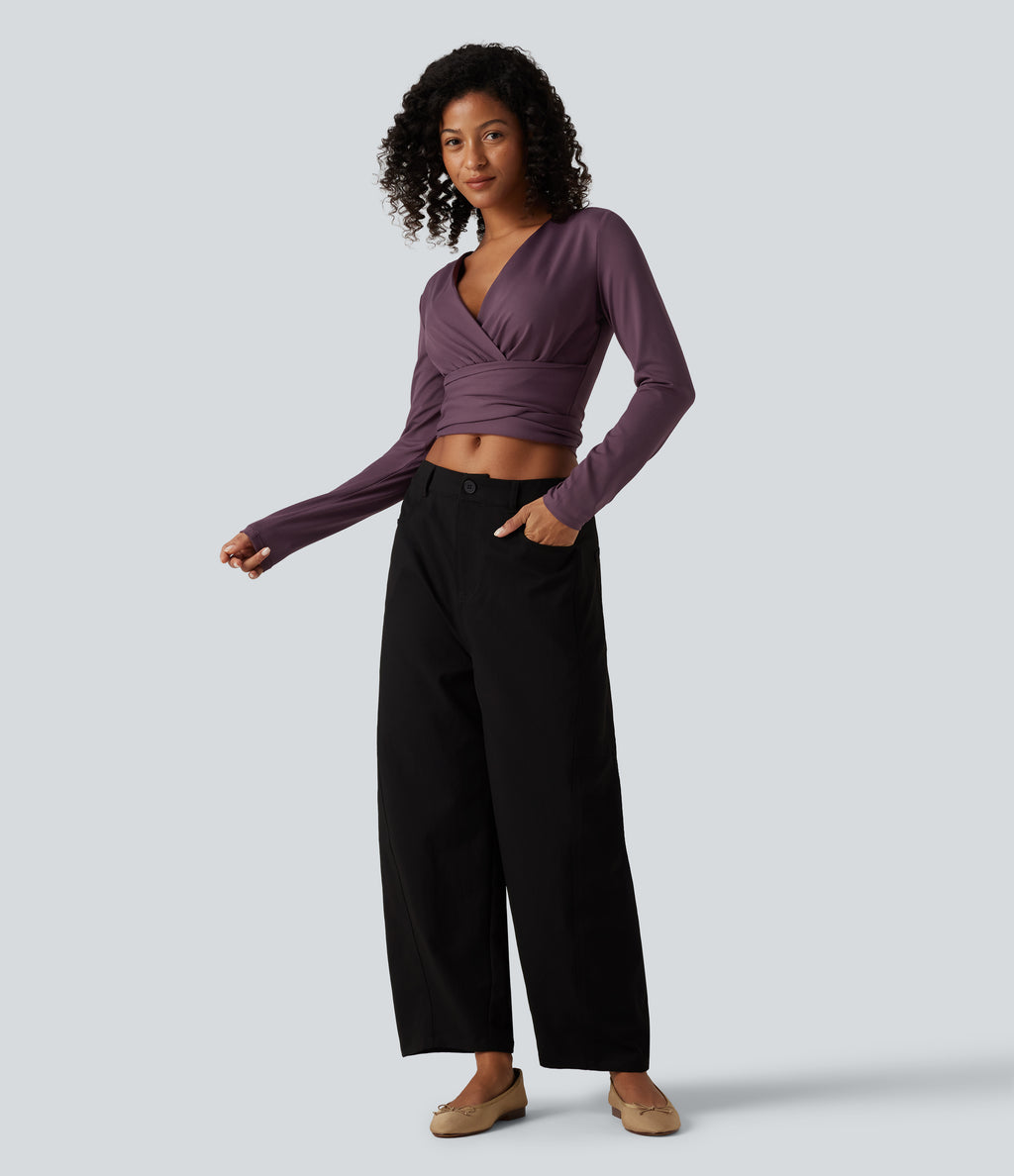 V Neck Long Sleeve Lace Up Work Top — Plum Wine — view 7
