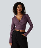 V Neck Long Sleeve Lace Up Work Top — Plum Wine — view 4