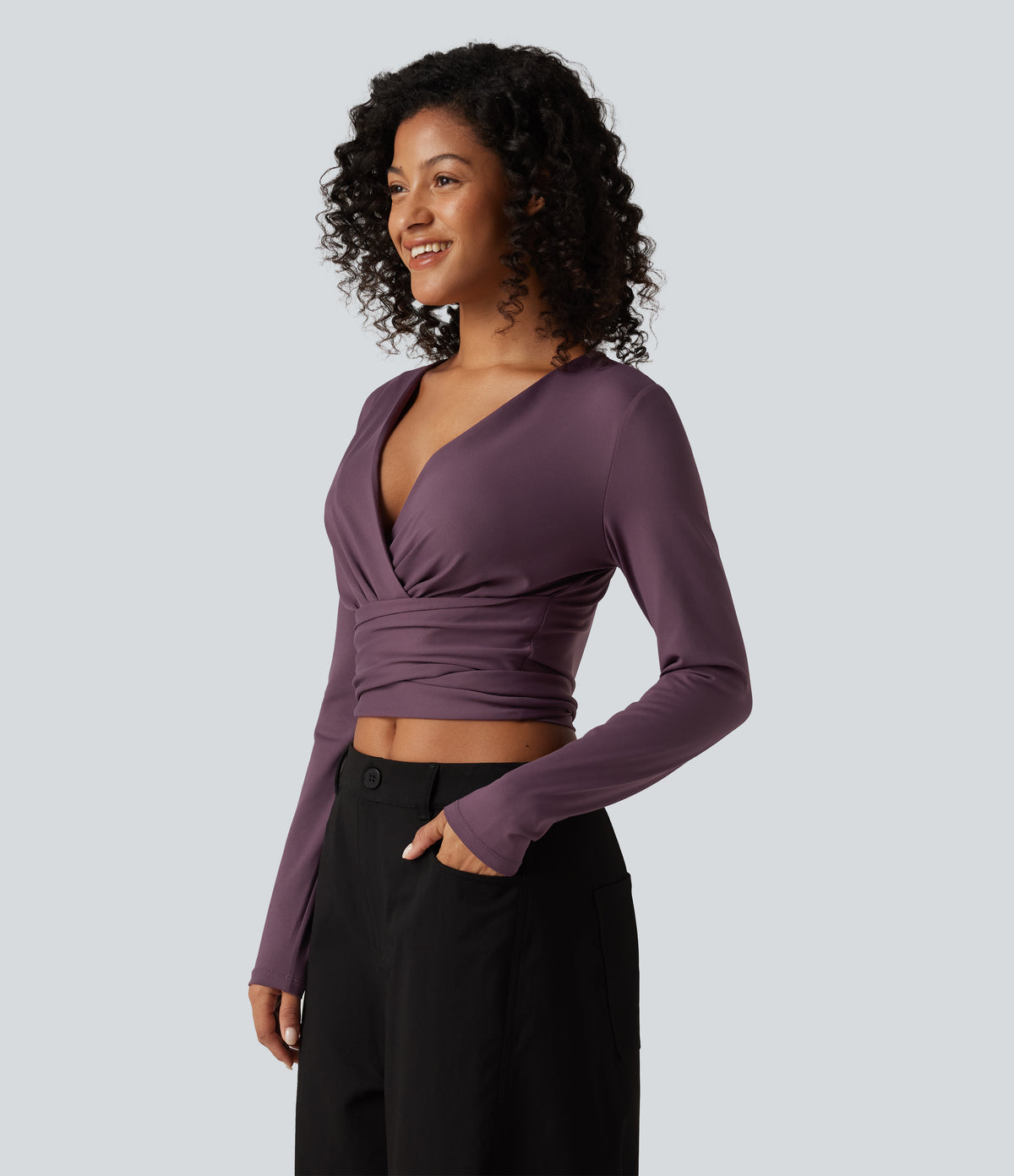 V Neck Long Sleeve Lace Up Work Top — Plum Wine — view 3