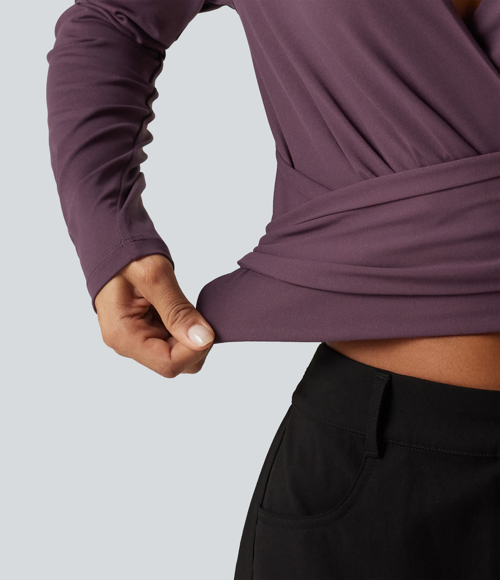 V Neck Long Sleeve Lace Up Work Top — Plum Wine — view 6
