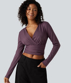V Neck Long Sleeve Lace Up Work Top — Plum Wine — view 1