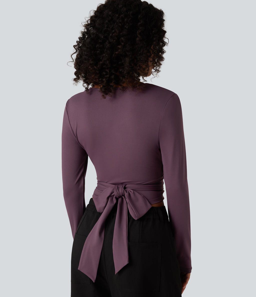 V Neck Long Sleeve Lace Up Work Top — Plum Wine — view 5