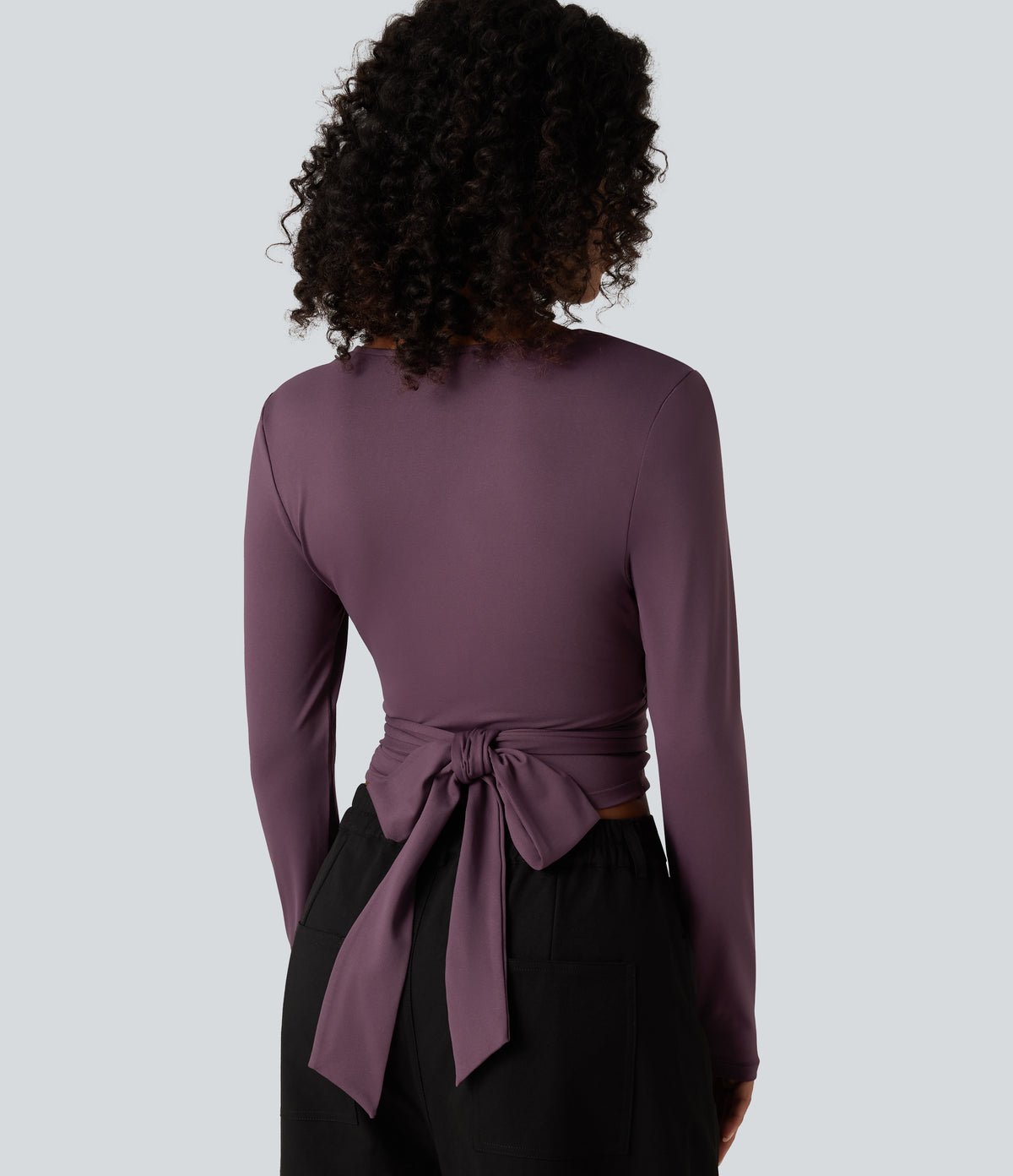 V Neck Long Sleeve Lace Up Work Top — Plum Wine — view 5