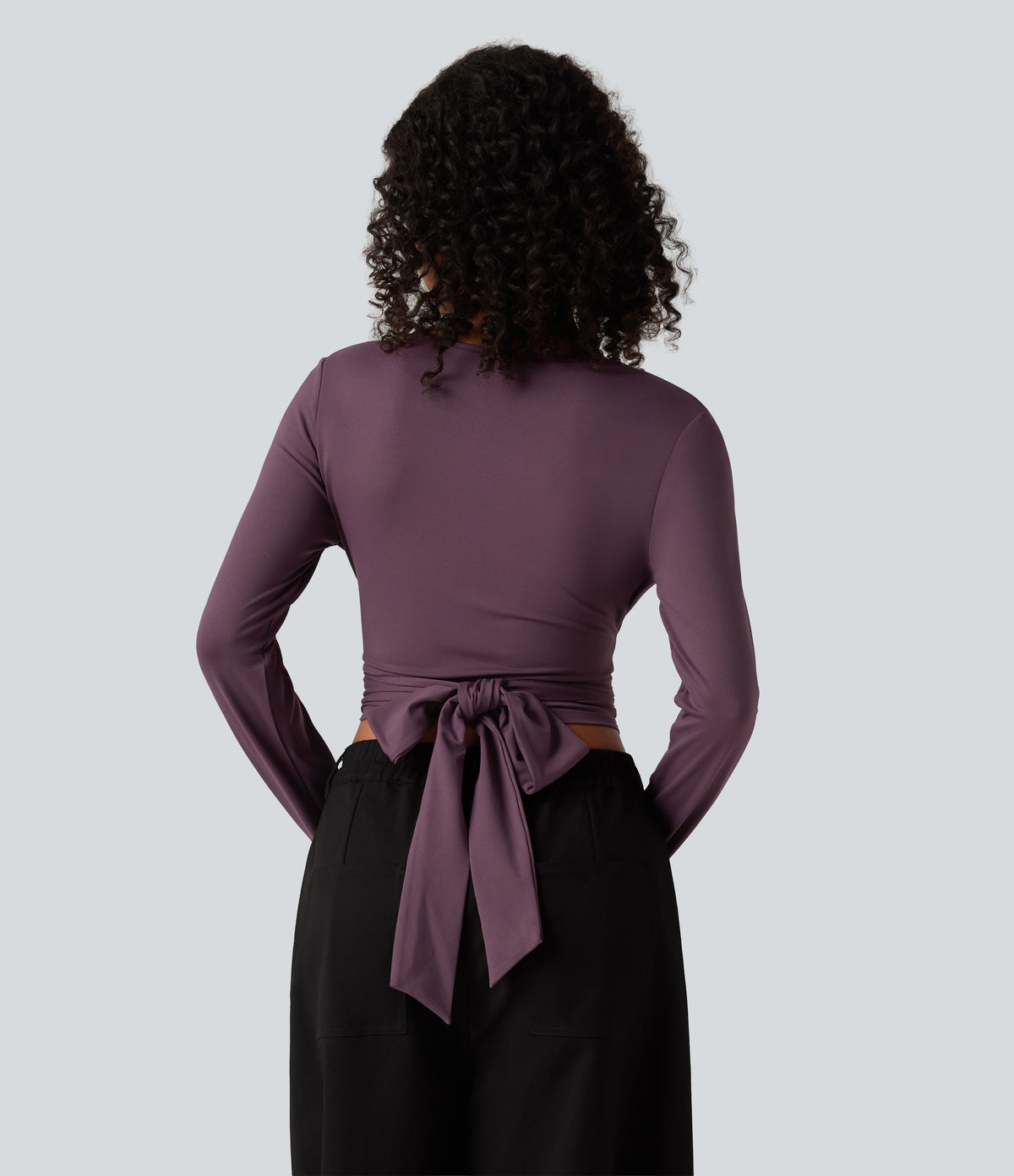 V Neck Long Sleeve Lace Up Work Top — Plum Wine — view 2