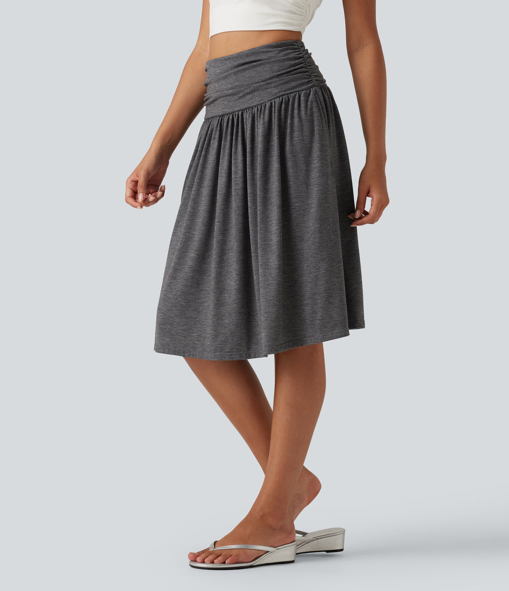 High Waisted Ruched Flowy Midi Casual Skirt with Pockets — Darl Gray Floral Yarn — view 1