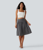 High Waisted Ruched Flowy Midi Casual Skirt with Pockets — Darl Gray Floral Yarn — view 7