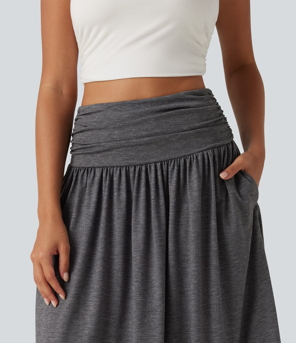 High Waisted Ruched Flowy Midi Casual Skirt with Pockets — Darl Gray Floral Yarn — view 5