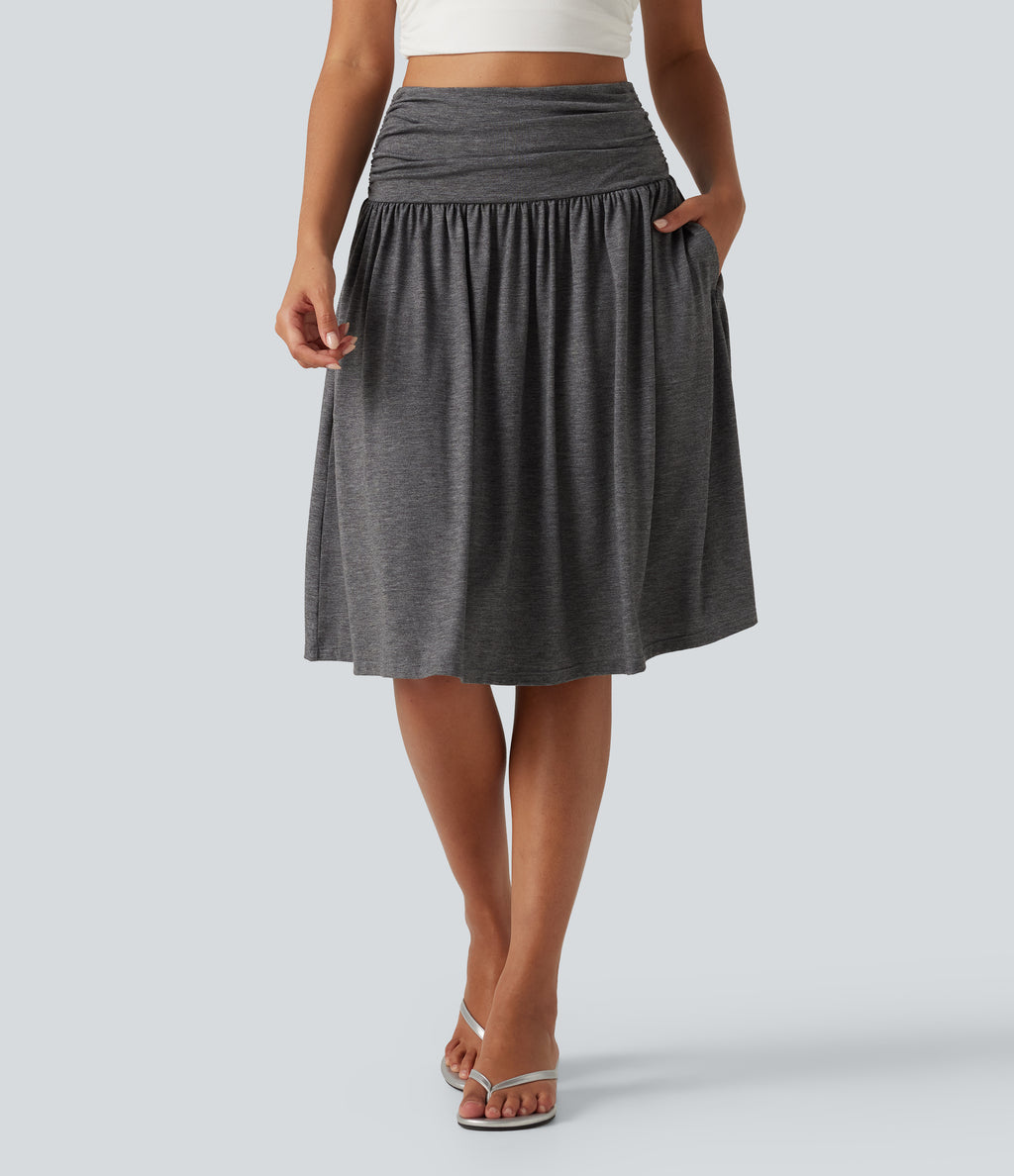 High Waisted Ruched Flowy Midi Casual Skirt with Pockets — Darl Gray Floral Yarn — view 4