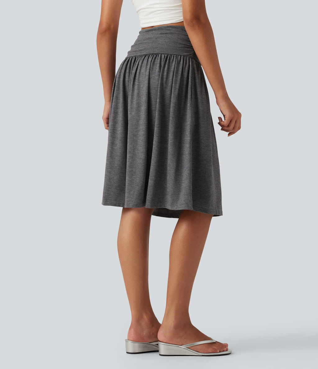 High Waisted Ruched Flowy Midi Casual Skirt with Pockets — Darl Gray Floral Yarn — view 3