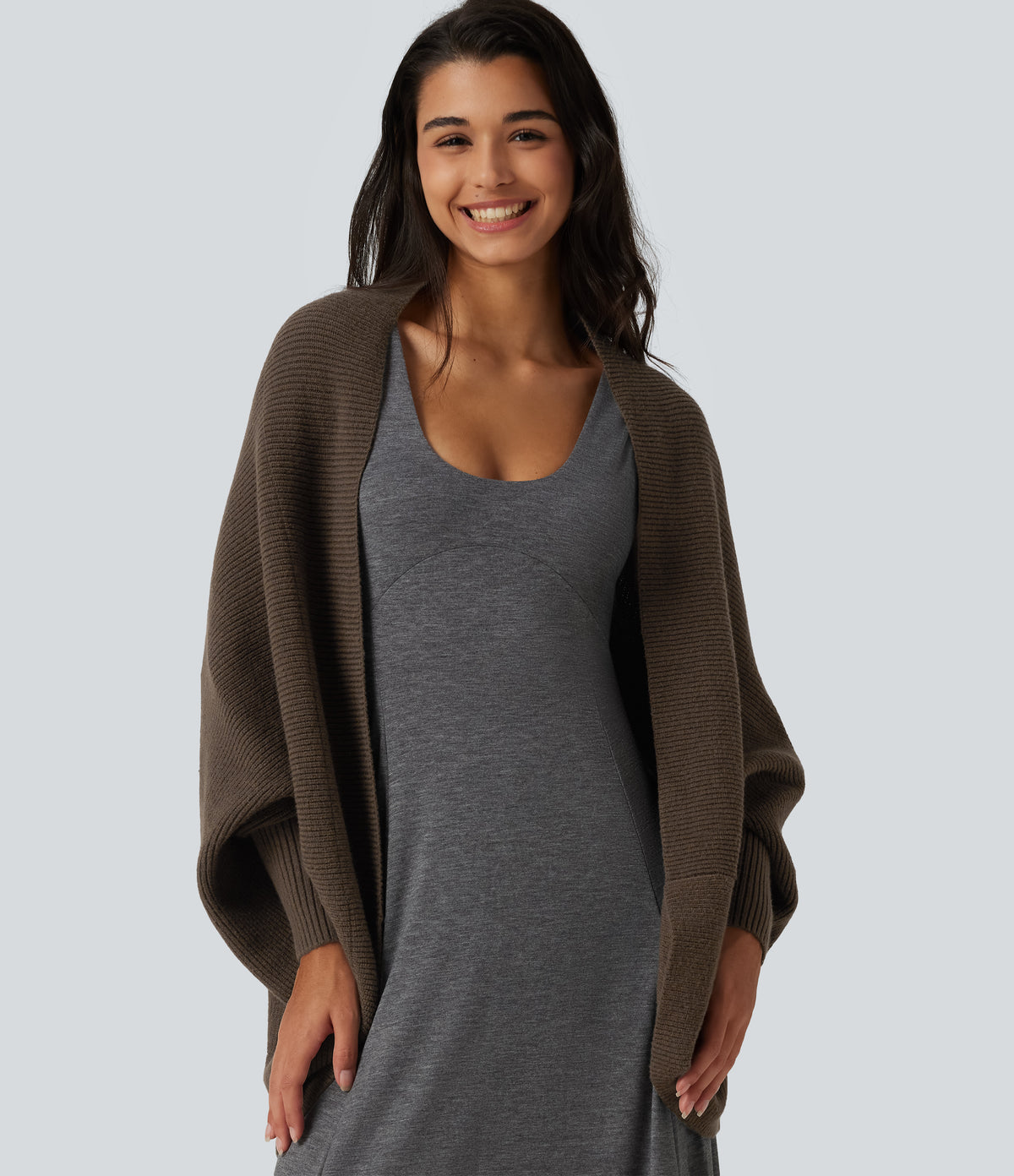 Open Front Dropped Batwing Long Sleeve Casual Cardigan — Rain Drum — view 4
