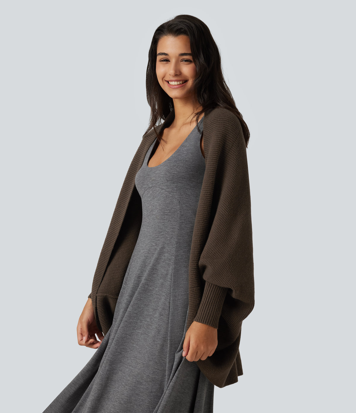 Open Front Dropped Batwing Long Sleeve Casual Cardigan — Rain Drum — view 3