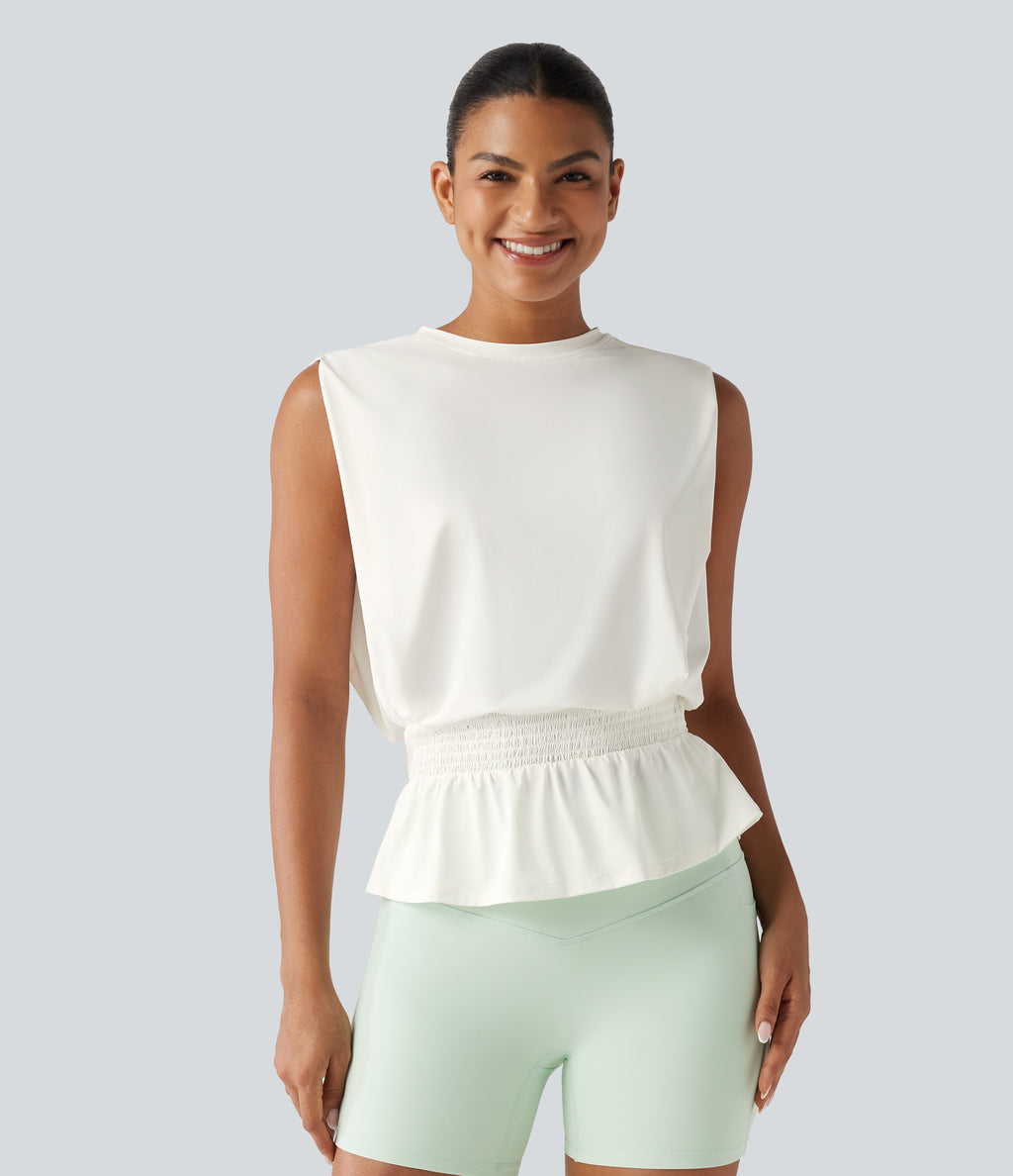 Round Neck Shirred InstantCool Workout Tank Top-UPF50+ — White — view 3