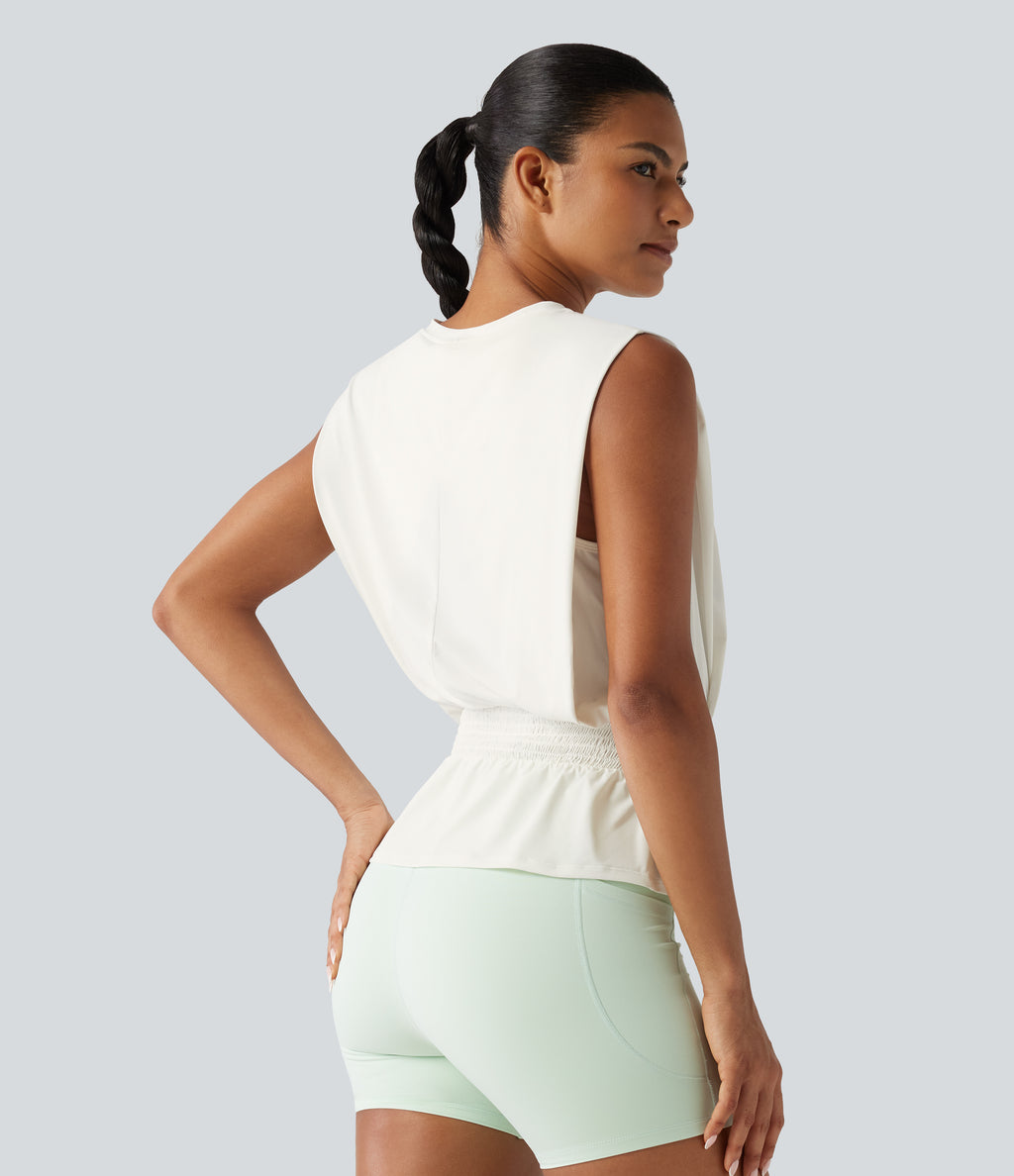 Round Neck Shirred InstantCool Workout Tank Top-UPF50+ — White — view 2