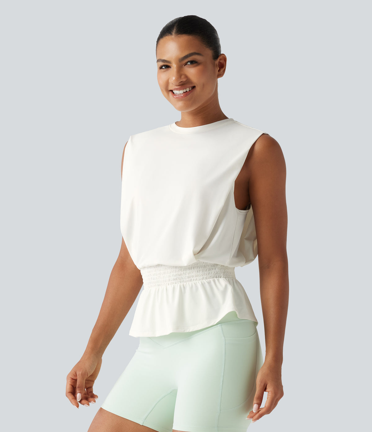 Round Neck Shirred InstantCool Workout Tank Top-UPF50+ — White — view 4