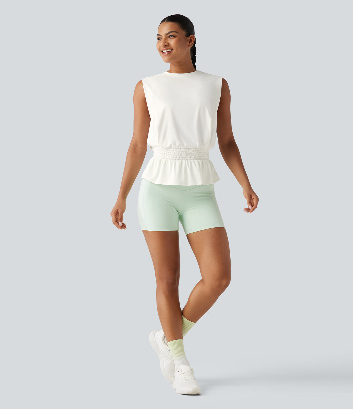 Round Neck Shirred InstantCool Workout Tank Top-UPF50+ — White — view 6