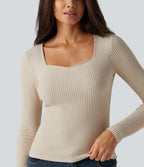 Ribbed Knit Square Neck Long Sleeve Casual Top — Whipped Taupe — view 5