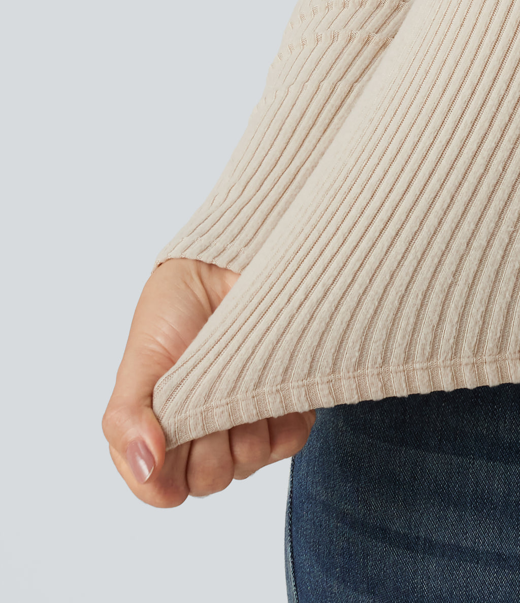 Ribbed Knit Square Neck Long Sleeve Casual Top — Whipped Taupe — view 6