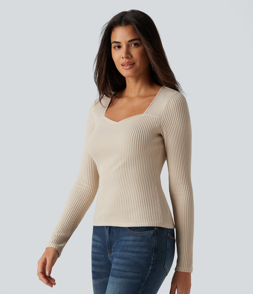 Ribbed Knit Square Neck Long Sleeve Casual Top — Whipped Taupe — view 3