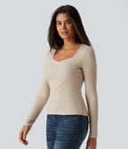 Ribbed Knit Square Neck Long Sleeve Casual Top — Whipped Taupe — view 3
