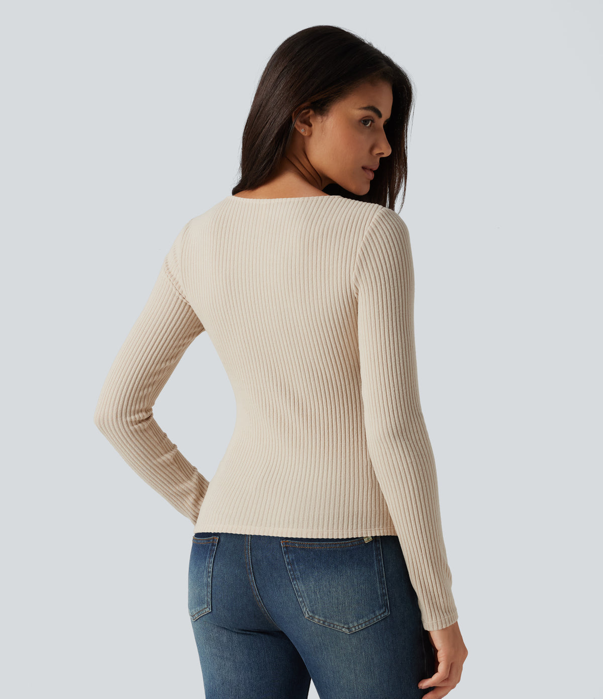 Ribbed Knit Square Neck Long Sleeve Casual Top — Whipped Taupe — view 2