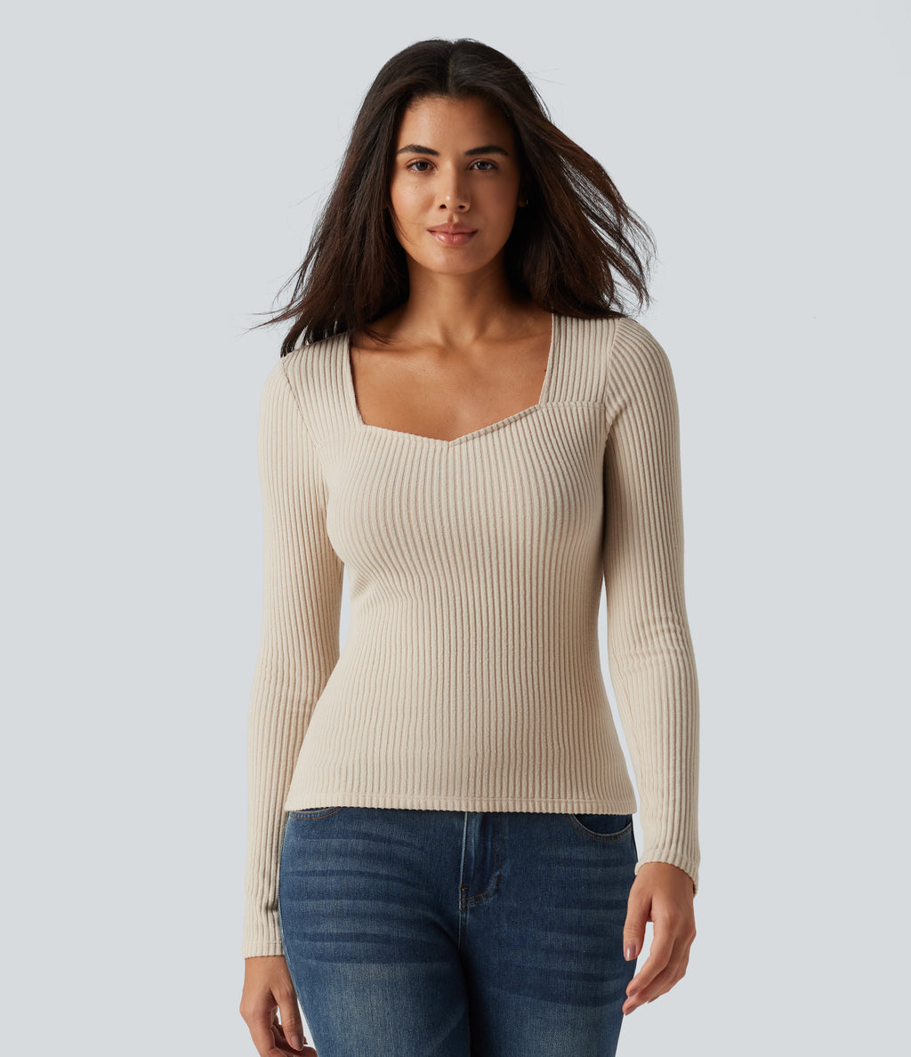 Ribbed Knit Square Neck Long Sleeve Casual Top — Whipped Taupe — view 4