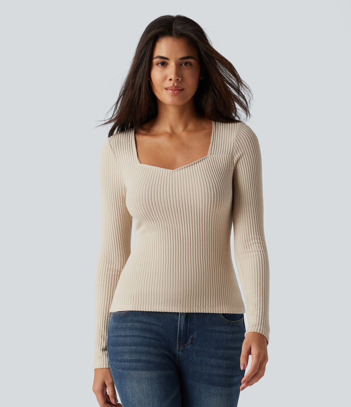 Ribbed Knit Square Neck Long Sleeve Casual Top — Whipped Taupe — view 4