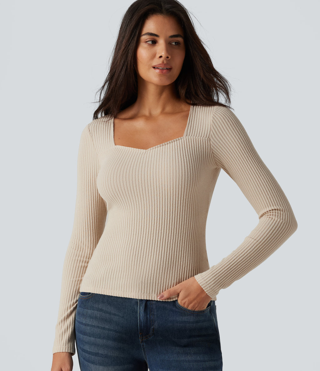 Ribbed Knit Square Neck Long Sleeve Casual Top — Whipped Taupe — view 1